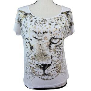 Retro Doll Leopard Top Womens Sz L White Gold Foil Dolman Cheetah Graphic Tshirt